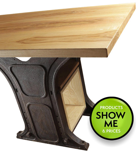 beautiful handmade table with a period industrial cast iron base and a highly figured wood top and recess under