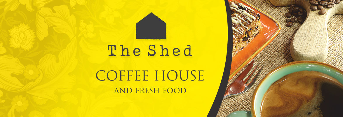 The Shed Coffee House Logo and an image of coffee and cake