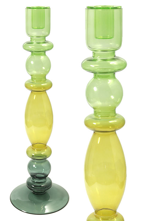 Lovely glass candle holders varying in colour from a dark green base through yellow to a fresh green rim