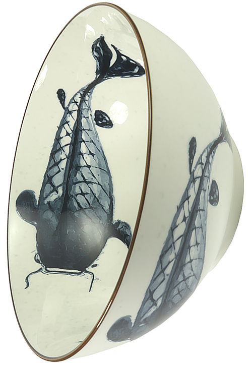 A fine porcelain white bowl with a gold rim and a dark blue stylised Catfish design