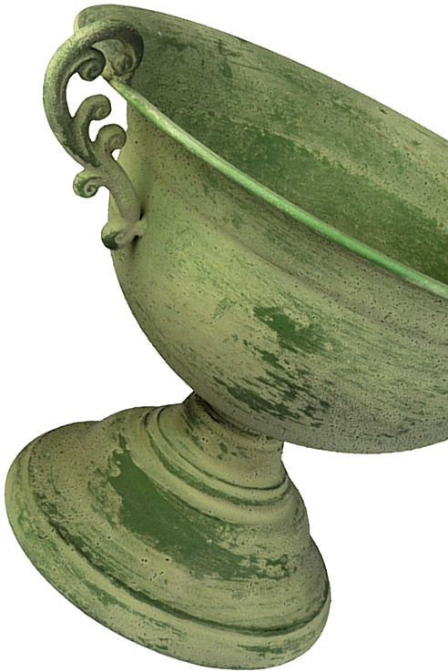 A green painted lightweight metal urn in a classic style for fruit or flowering bulbs