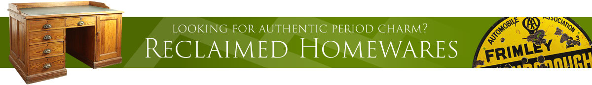A graphic link to reclaimed homewares showing an antique desk and an old AA road sign 