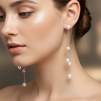 Round Pearl Chain Earrings On Sterling Silver