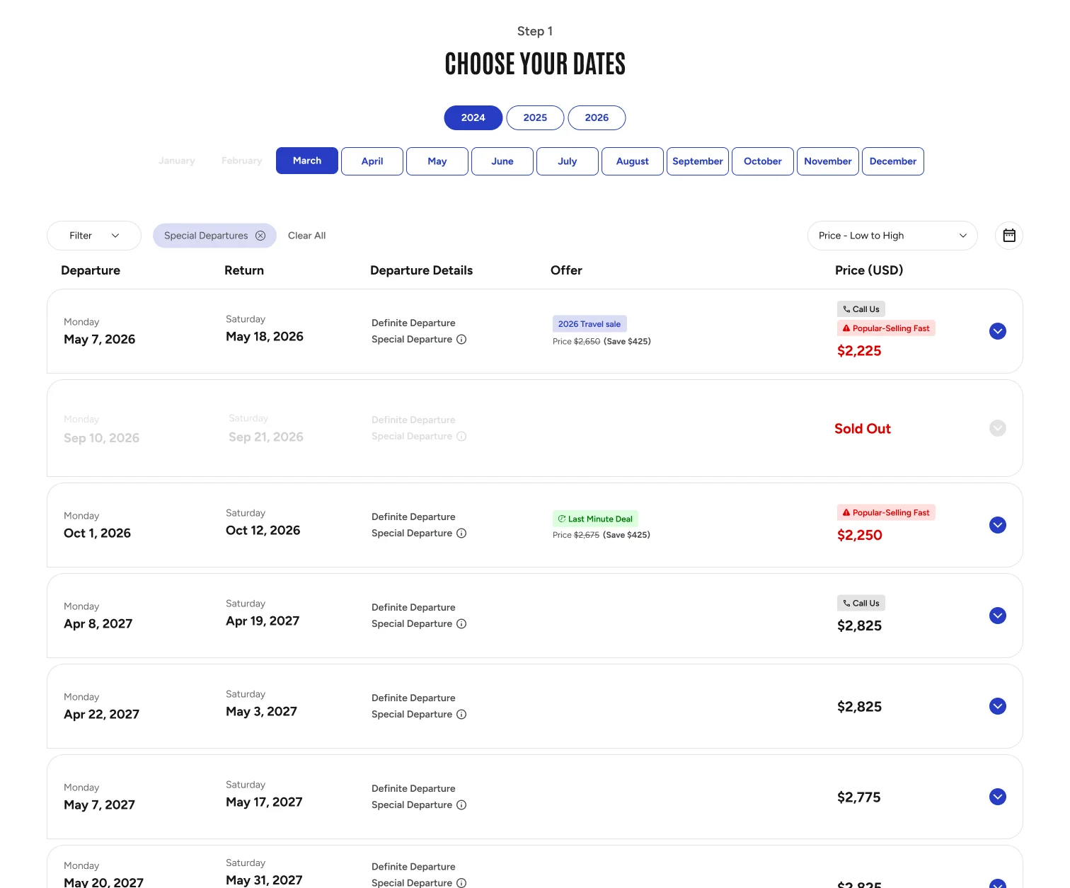 Dates and prices section after redesign with intent-based filters