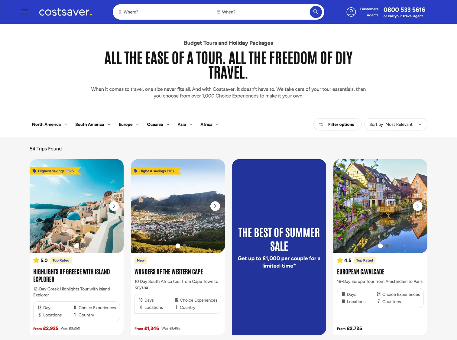 Redesigned Costsaver homepage prioritising browsing with trips surfaced earlier in the journey