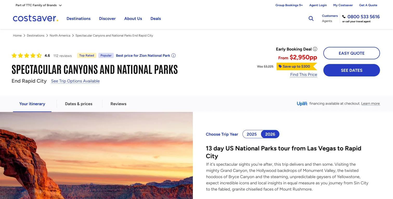 Trip page before redesign with split attention across imagery, pricing and details