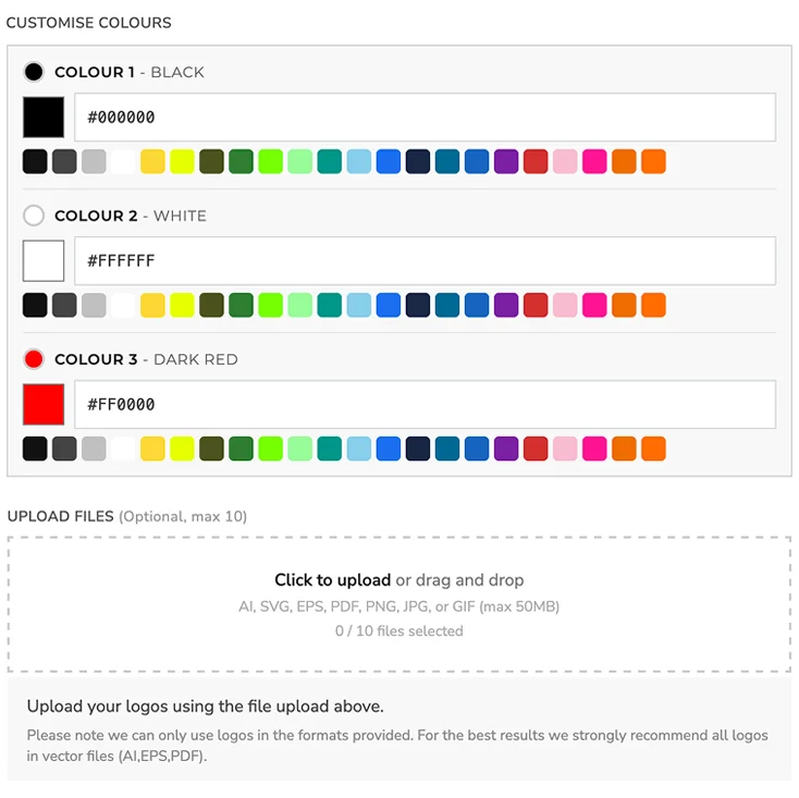 Customisation controls showing isolated colour zones and logo upload