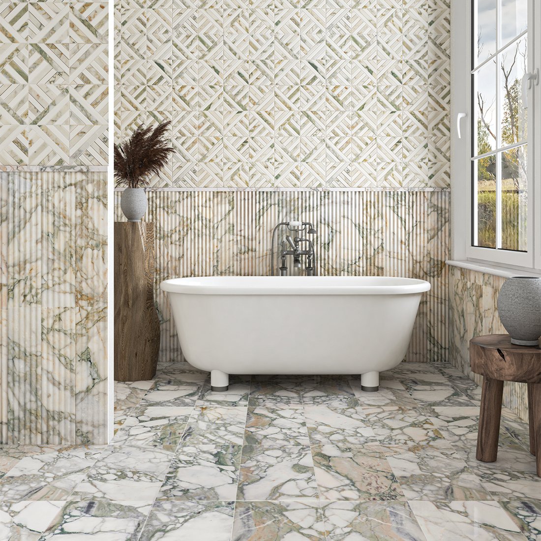 Green-veined marble mosaic bathroom with freestanding bath
