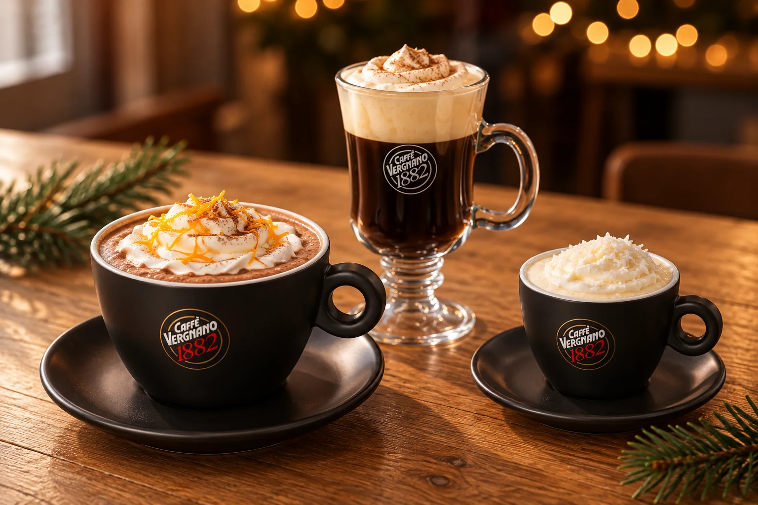 Three Christmas drinks on an oak table: an orange cocoa mocha and a white hot chocolate in black Caffè Vergnano 1882 cups and a cream coffee in a Caffè Vergnano 1882 glass mug