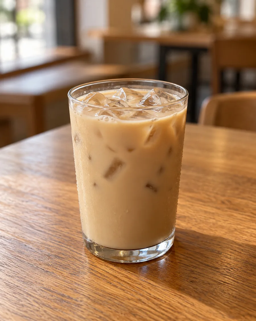 An iced latte in a clear glass tumbler