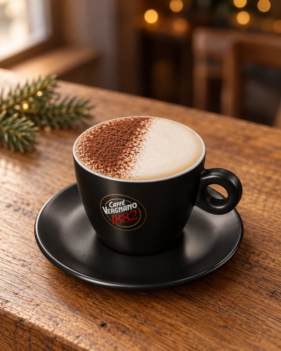 Chestnut Hazelnut Latte in a black Caffè Vergnano 1882 cup