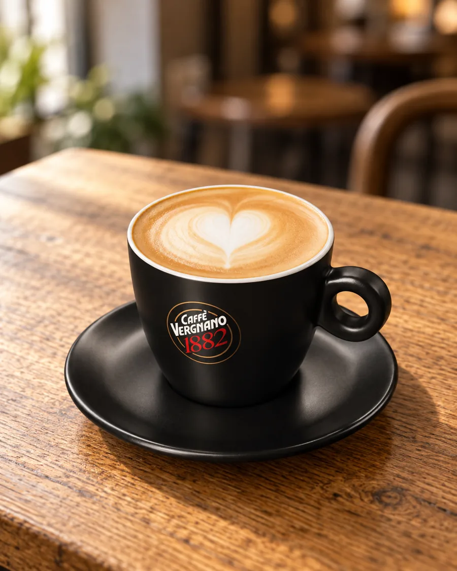 Hazelnut Latte in a black Caffè Vergnano 1882 cup