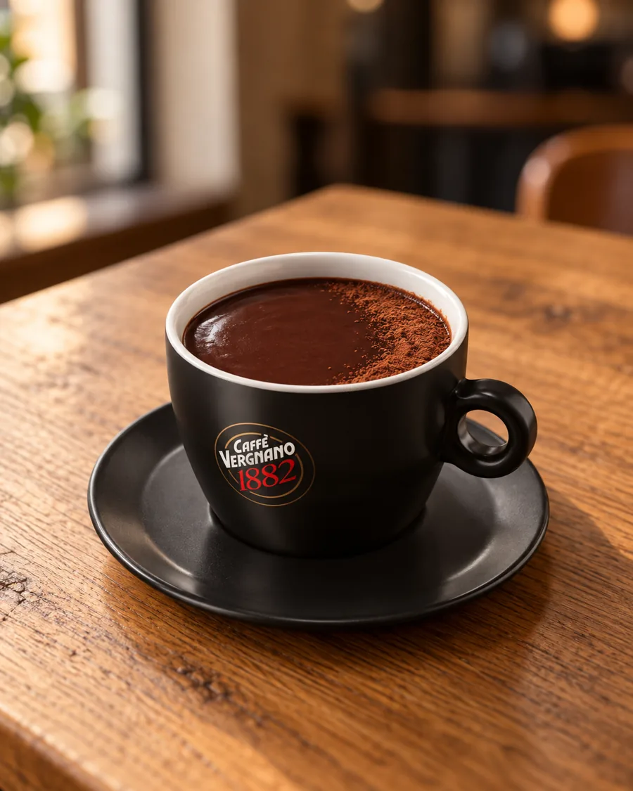 Hazelnut Hot Chocolate in a small black Caffè Vergnano 1882 cup