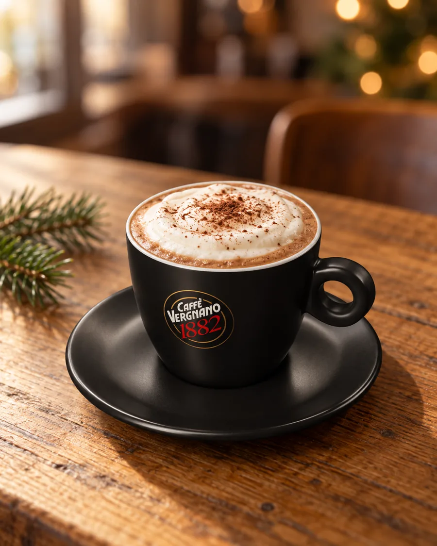 Hazelnut Christmas Mocha in a black Caffè Vergnano 1882 cup