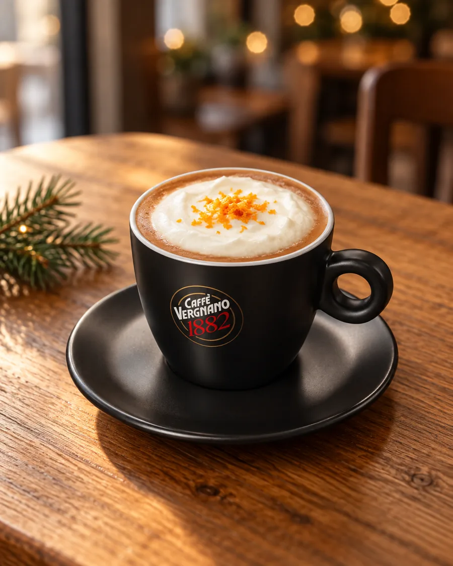 Orange Cocoa Mocha in a black Caffè Vergnano 1882 cup