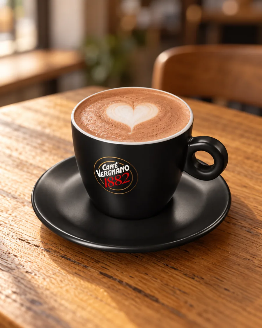 Cocoa Velvet Latte in a black Caffè Vergnano 1882 cup