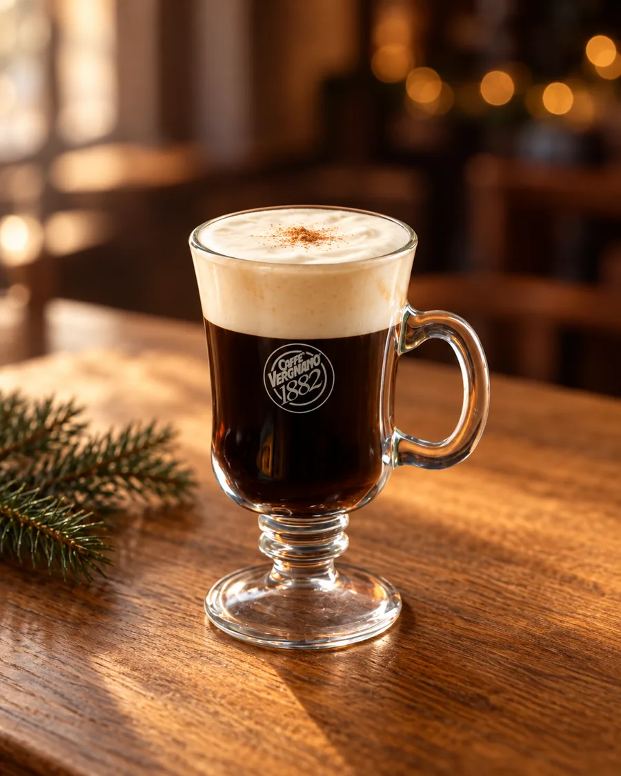 Fireside Cream Coffee in a Caffè Vergnano 1882 glass mug