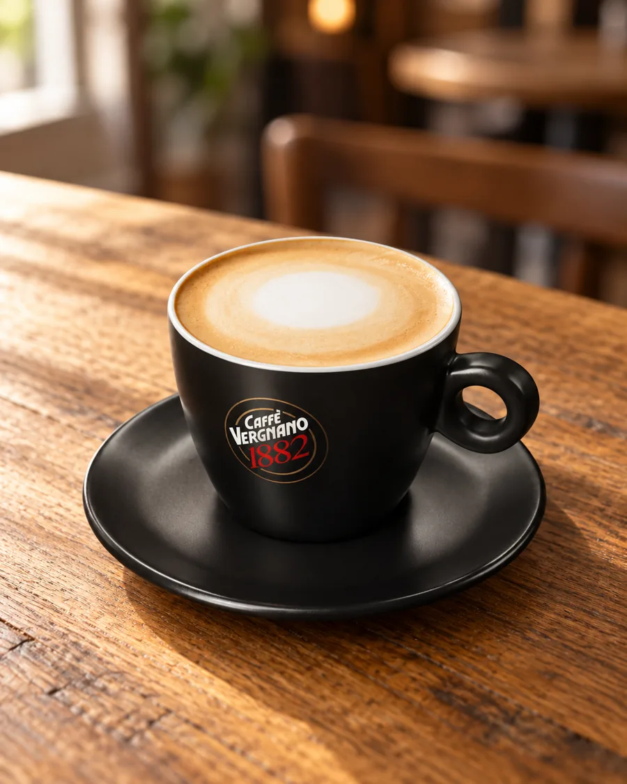 Irish Cream Latte in a black Caffè Vergnano 1882 cup