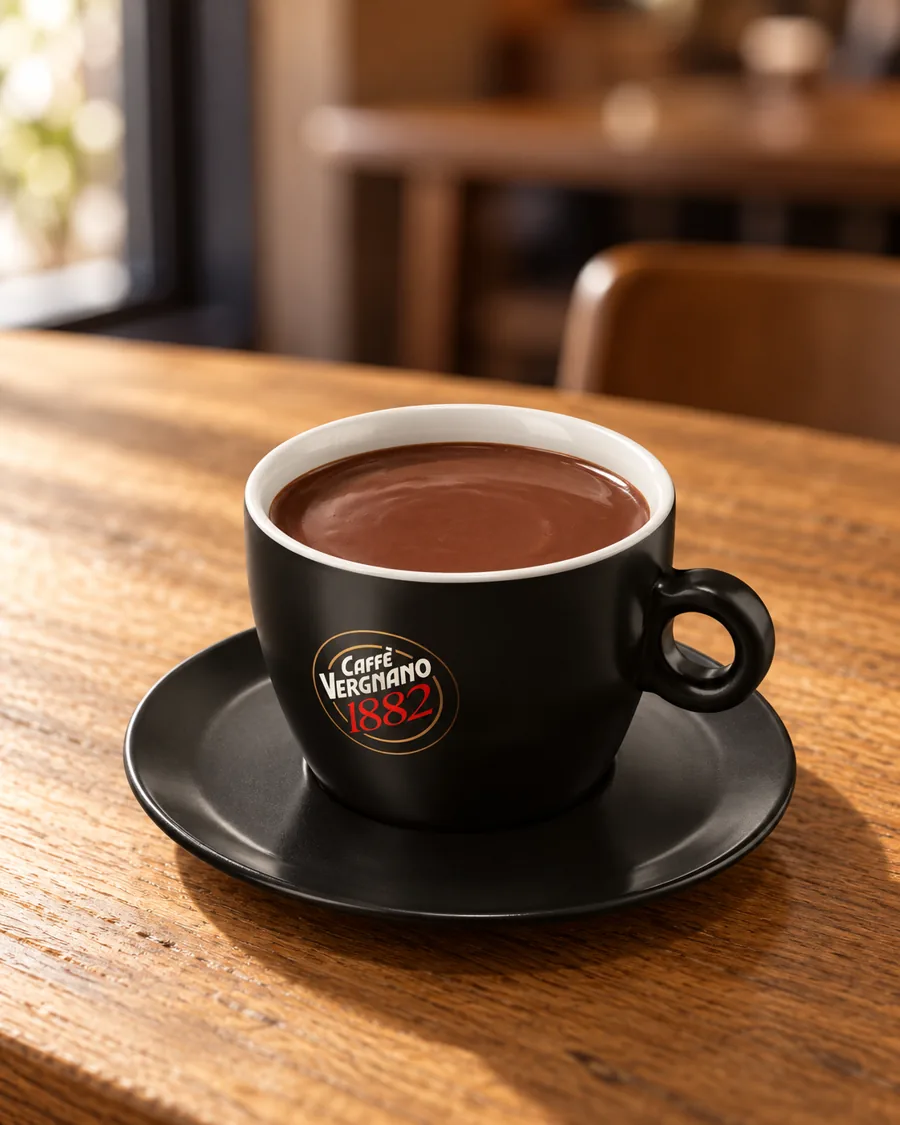 Irish Cream Hot Chocolate in a small black Caffè Vergnano 1882 cup