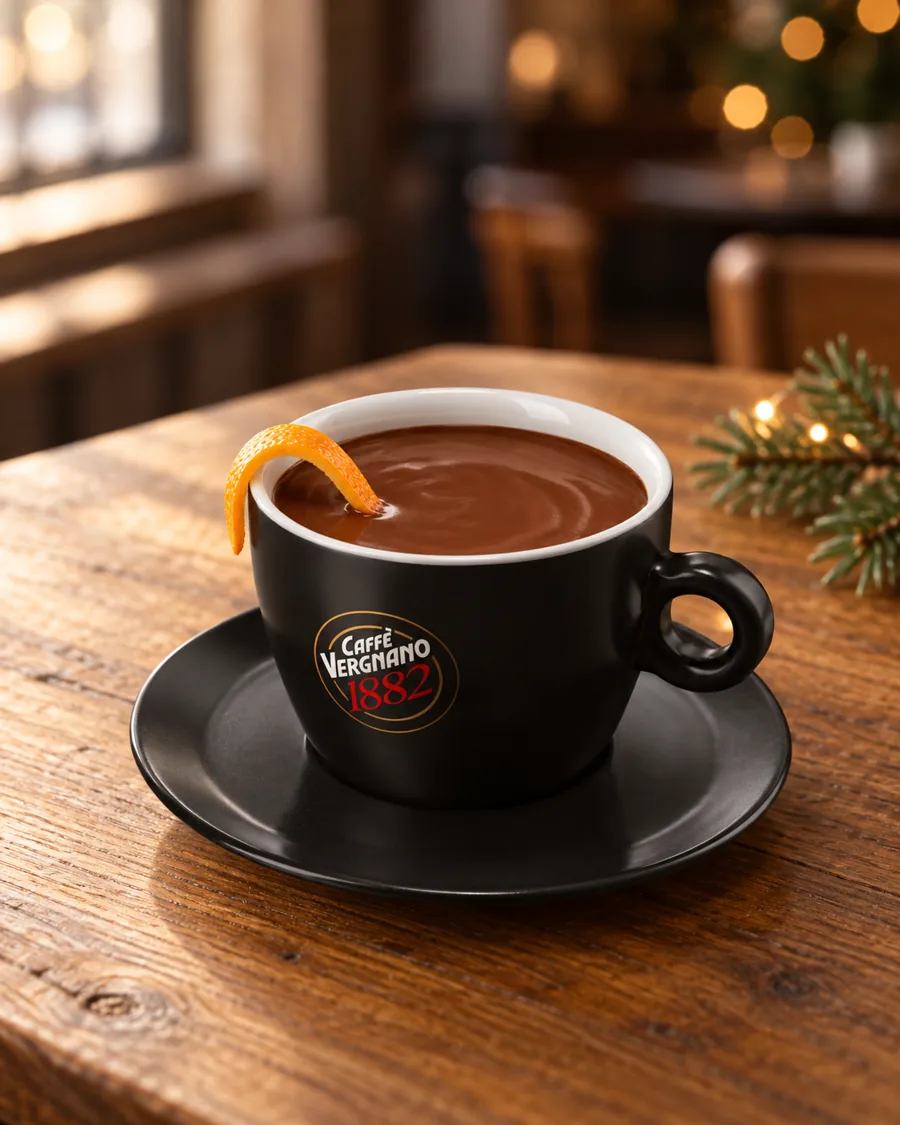 Spiced Orange Hot Chocolate in a small black Caffè Vergnano 1882 cup