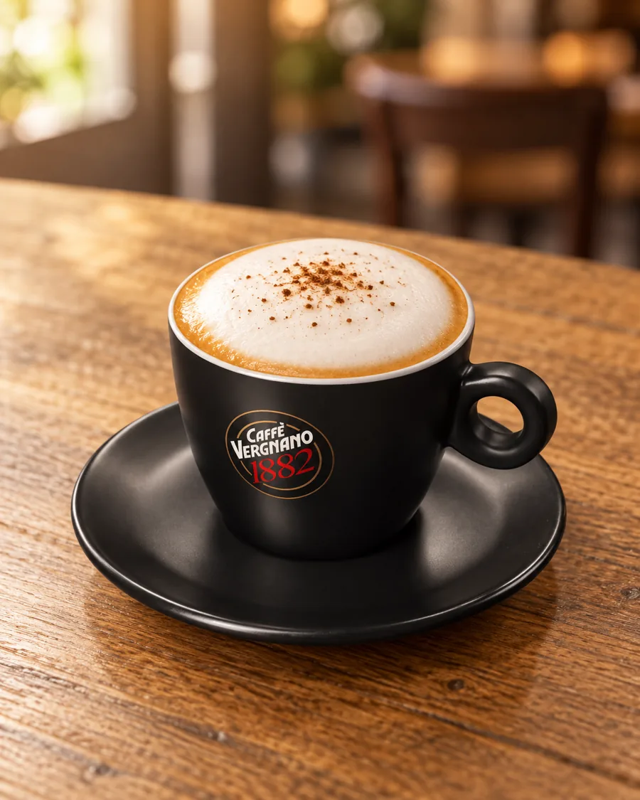 Cinnamon Cappuccino in a black Caffè Vergnano 1882 cup