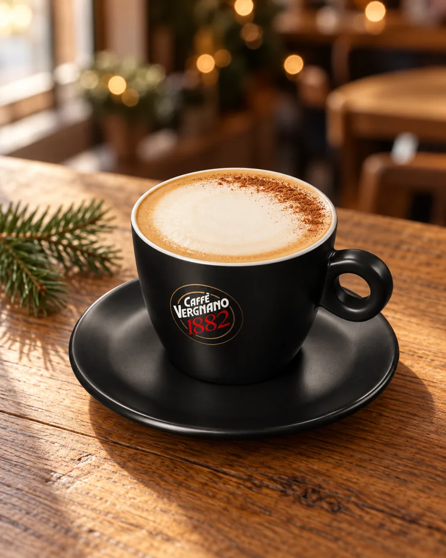 Christmas Spice Latte in a black Caffè Vergnano 1882 cup