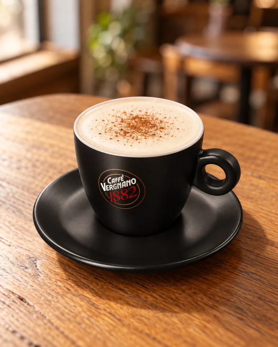 Cinnamon Chestnut Milk in a black Caffè Vergnano 1882 cup