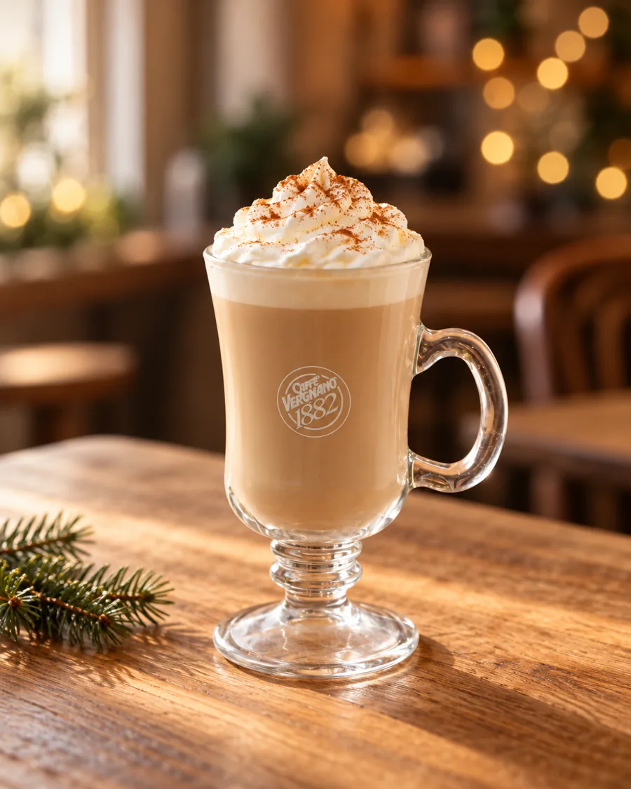 Chai Christmas Cloud in a Caffè Vergnano 1882 glass mug