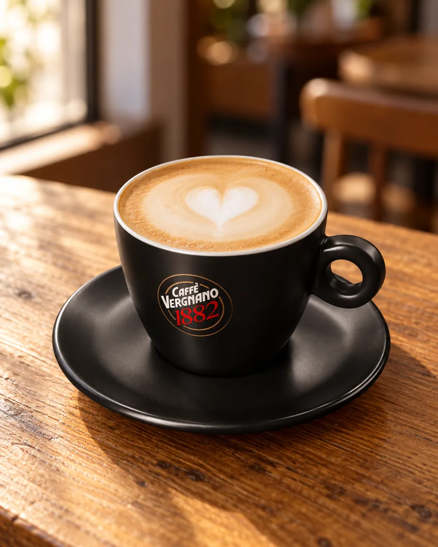 Dirty Chai Latte in a black Caffè Vergnano 1882 cup