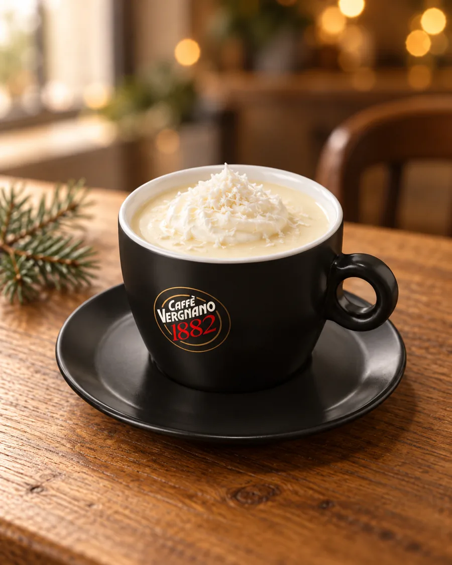 Coconut Snow Chocolate in a small black Caffè Vergnano 1882 cup