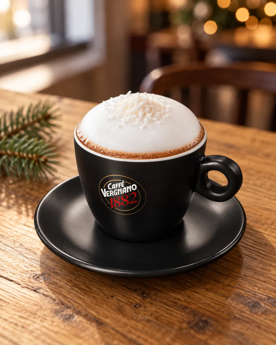 Snowcap Mocha in a black Caffè Vergnano 1882 cup