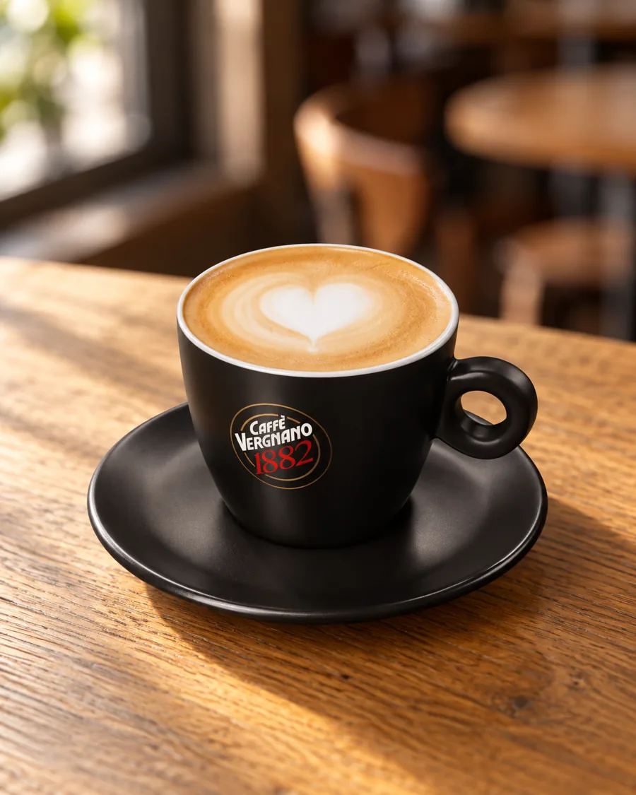 Coconut Latte in a black Caffè Vergnano 1882 cup