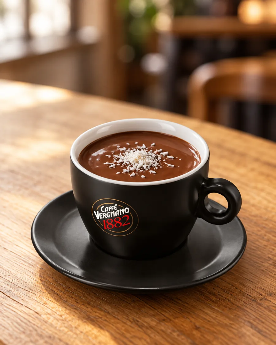 Coconut Hot Chocolate in a small black Caffè Vergnano 1882 cup