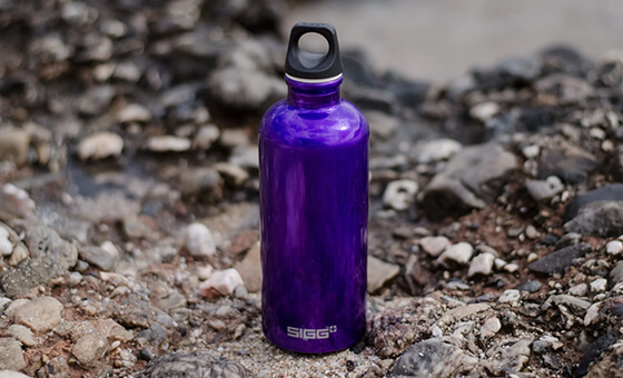 a stainless steel purple water bottle branded with SIGG