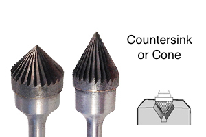 Carbide countersink burrs for chamfering and counterboring acute angles