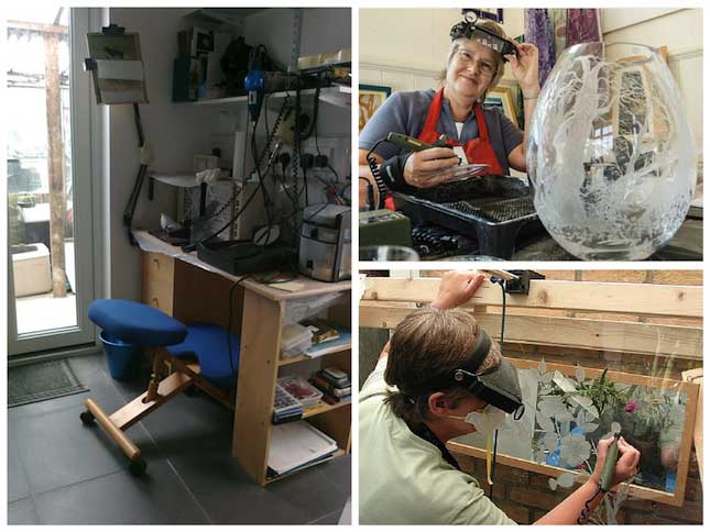 Glass Engraver, Sue Burne in her studio