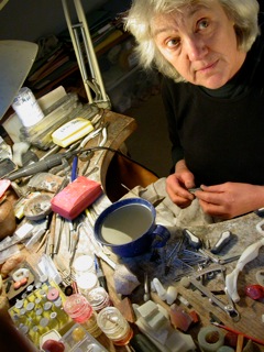 Charlotte De Syllas, stone carver and jeweller at work in her studio