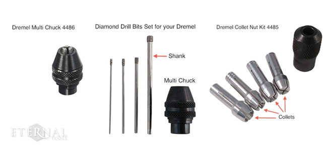 Diamond drill bits set for your Dremel, Dremel Multi Chuck and Dremel Collet Nut Kit.