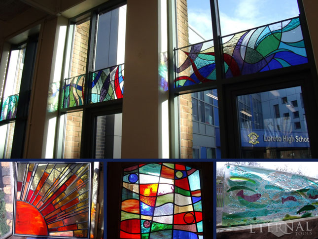 School chapel windows, stained glass by Caroline Channing