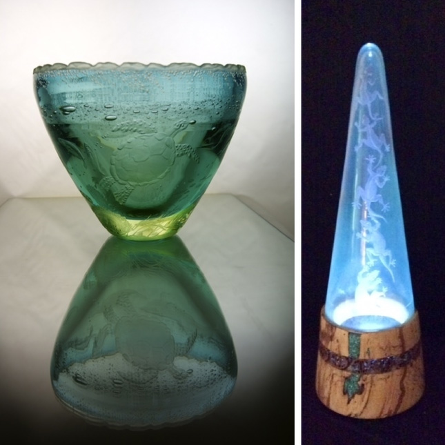 Margot May Designs, by Margot Thigpen using Eternal Tools glass engraving tools. Sea Turtle vessel,  engraved antique glass light. Woodwork base by Julien McCarthy