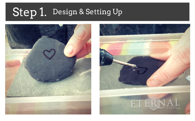 How to carve hearts in pebbles, stone and sea glass. Step 1. Design & Setting up