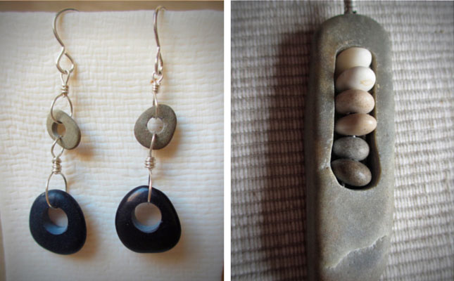 Drilled beach pebble earrings and pendant