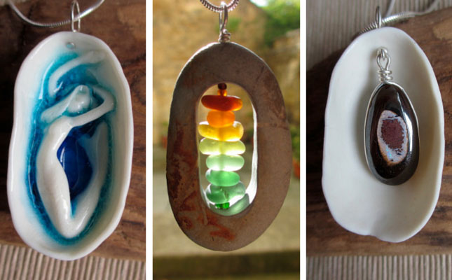 Drilled sea glass and beach pebble, ceramic and opal pendants