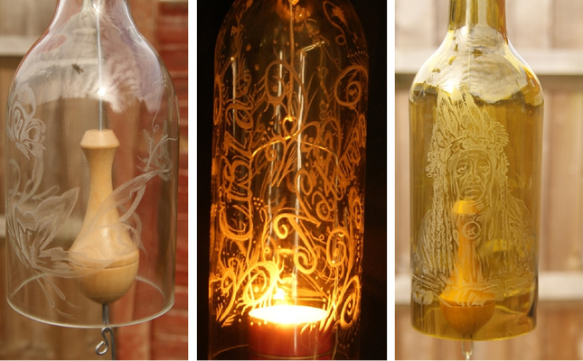 A Touch of Glass by Stewart Neal. Glass Engraved Bottle Chimes and candle holders.