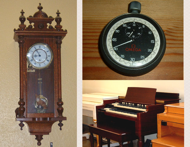 Kieninger wall clock. Omega Stop Watch. British B3 Organs. Ron Le Bar